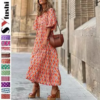 Женское платье больших размеров, женское свободное богемное платье с рукавами-фонариками и круглым вырезом S
