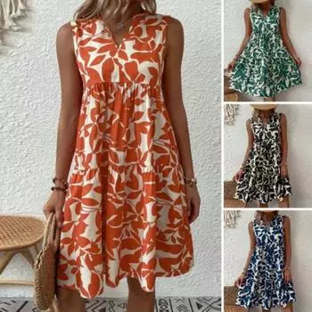 Женское платье большого размера без рукавов с V-образным вырезом, мини-платье с принтом в виде листьев в стиле бохо и оборками на подоле 4XL чёрный