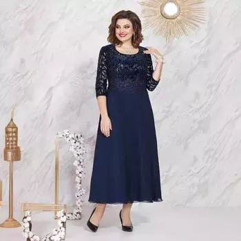 Женское платье большого размера для сезона весна-лето, облегающее платье из шифона с кружевом в стиле пэчворк, высокого класса L тёмно-синий
