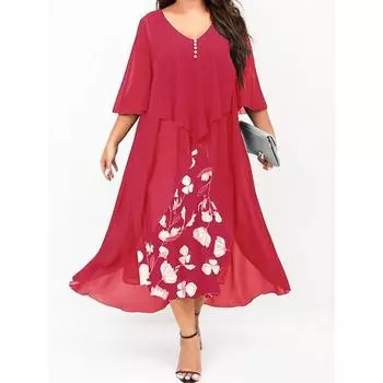 Женское платье большого размера из шифона с семью рукавами и V-образным вырезом, свободного покроя, с нерегулярным принтом 4XL чёрный