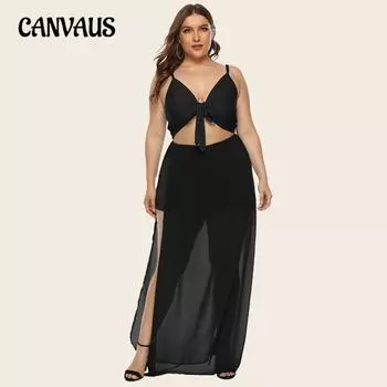Женское платье большого размера, летнее шифоновое сплошное длинное платье с бантом, сексуальное платье с лямкой на бретельках L чёрный