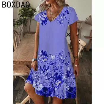 Женское платье большого размера, летнее пляжное повседневное платье А-силуэта, винтажное платье в стиле бохо с цветочным принтом и коротким рукавом, V-образным вырезом, Vestidos S