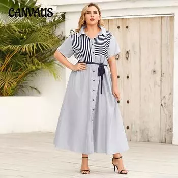 Женское платье большого размера, летние полосатые платья-рубашки с короткими рукавами и лацканами XL