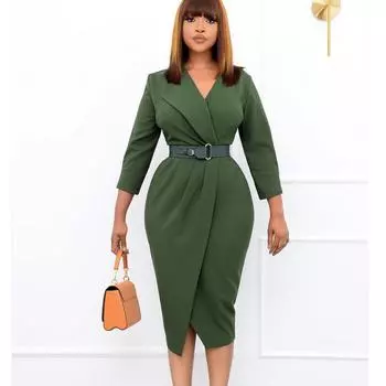 Женское платье большого размера на весну и осень, модное платье с длинными рукавами, цельное однотонное платье с поясом S красный