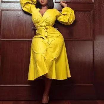 Женское платье большого размера на весну и осень, модное платье с v-образным вырезом и пышными рукавами, цельное однотонное бандажное платье S жёлтый
