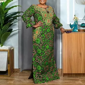 Женское платье большого размера с круглым вырезом и длинными рукавами с принтом M оранжевый