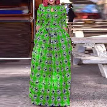 Женское платье большого размера с воротником-стойкой и рукавами 3/4 с принтом на талии M зелёный