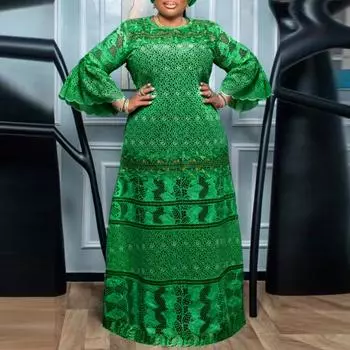 Женское платье большого размера с круглым вырезом, расклешенным длинным рукавом, прикрывающим талию и бедрами L зелёный