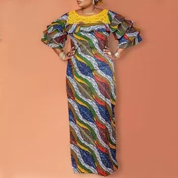 Женское платье большого размера с круглым вырезом и длинными рукавами с кружевным принтом и принтом M