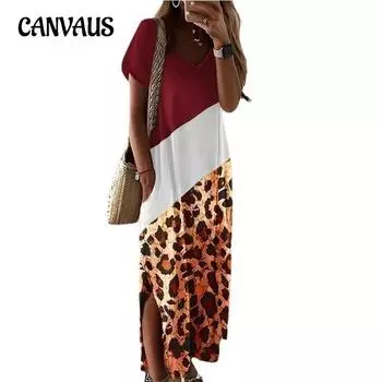 Женское платье большого размера с леопардовым принтом, с боковыми разрезами, длинное платье, цветные платья с круглым вырезом S чёрный
