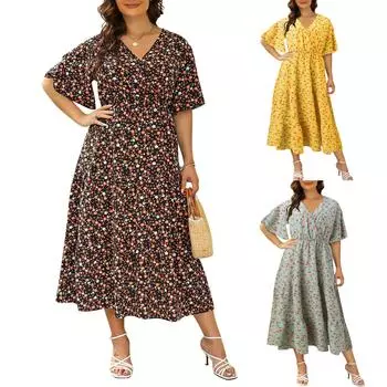 Женское платье большого размера с v-образным вырезом, маленькое платье с цветочным принтом и короткими рукавами, свободное платье L