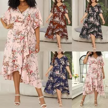 Женское платье большого размера с v-образным вырезом и короткими рукавами, свободное свободное платье нестандартной формы с большим распашным рыбьим хвостом L