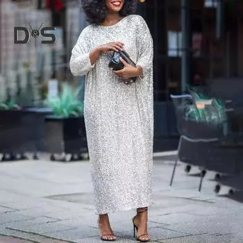 Женское платье большого размера с круглым вырезом и блестящими пайетками, рукав три четверти длиной до щиколотки, мягкий пуловер, элегантное женское платье макси в повседневном стиле M серебряный