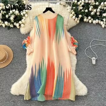 Женское платье большого размера с градиентным цветным принтом, свободное, повседневное, с трехмерным цветочным принтом и рукавами-фонариками, плиссированное one size синий