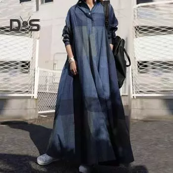 Женское платье большого размера с цветными блоками в винтажном этническом стиле с длинными рукавами и свободными лацканами до щиколотки, трапециевидное женское платье макси с лацканами с большим подолом XL красный