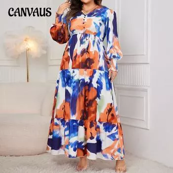 Женское платье большого размера со свободным принтом средней длины с V-образным вырезом и высокой талией XL оранжевый