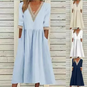 Женское платье большого размера, свободное, из хлопка, с кружевным воротником, пятью рукавами, средней длины S