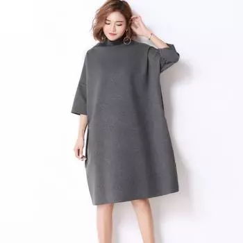 Женское платье большого размера в европейском стиле, осенне-зимнее платье с высоким воротником, черно-серое платье с короткими рукавами, повседневное свободное теплое платье с короткими рукавами