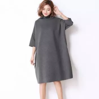 Женское платье большого размера в европейском стиле, осенне-зимнее платье с высоким воротником, черно-серое платье с короткими рукавами, повседневное свободное теплое платье с короткими рукавами