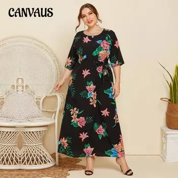 Женское платье большого размера, весенне-осеннее свободное платье с круглым воротником и принтом на шнуровке с короткими рукавами XL чёрный