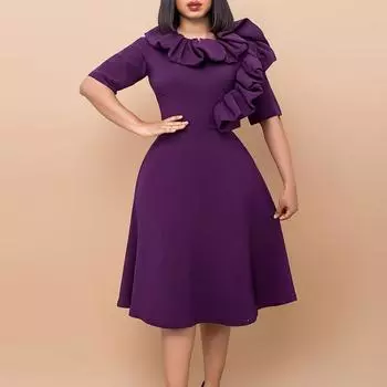 Женское платье большого размера, весенне-осеннее модное платье с рюшами, женское элегантное цельное однотонное платье-качели S фиолетовый