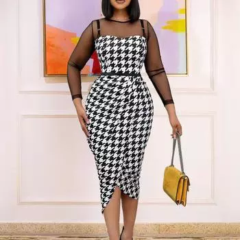 Женское платье большого размера, весенне-осеннее модное платье с длинными рукавами и принтом, женское цельное лоскутное сетчатое платье с поясом S красный