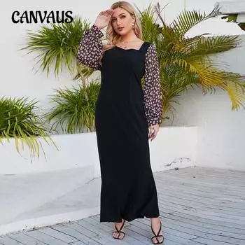 Женское платье большого размера, весенние и осенние длинные элегантные платья с квадратным вырезом и длинными рукавами с принтом XL чёрный