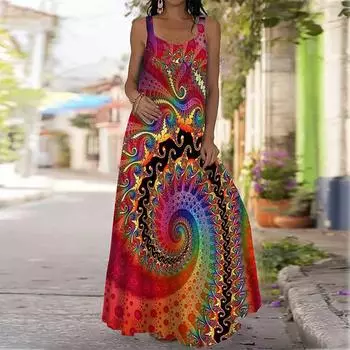 Женское платье-бретелька, длинное платье макси, яркое платье с принтом Vortex, весна/лето с v-образным вырезом, повседневный отдых XS красный