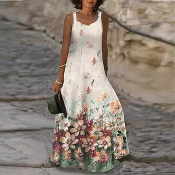 Женское платье-бретелька Длинное платье макси Платье с принтом полевых цветов в сельской местности Весна/лето с v-образным вырезом Для отдыха и отпуска XS белый