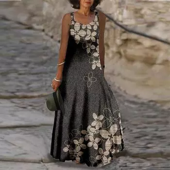 Женское платье-бретелька Длинное платье макси Серое платье с цветочным принтом Весна/лето с v-образным вырезом Повседневный отпуск XS белый