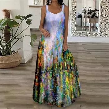 Женское платье-бретелька Макси-длинная юбка Весеннее платье с принтом, написанное маслом Весна/лето с v-образным вырезом для отдыха и отпуска XS светло-синий