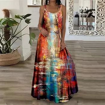 Женское платье-бретелька Макси-длинное платье Цветное платье с принтом цвета Halo Dynasty Весна/лето с v-образным вырезом Повседневная отпуск XS белый