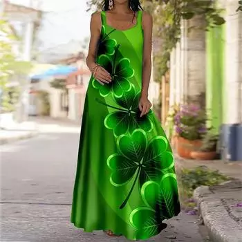 Женское платье-бретелька Макси-длинное платье Платье с принтом клевера Весна/лето с v-образным вырезом Повседневный отпуск XS белый