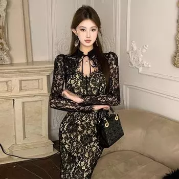 Женское платье Celebrity Temperament Lace Hollow Split Slim Fit Dress S чёрный