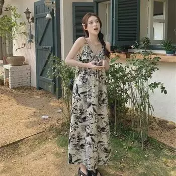 Женское платье-чай с цветочным принтом и подтяжками, лето 2023 г. XL
