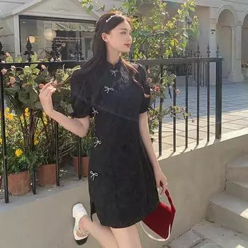Женское платье Cheongsam больших размеров, черное платье L чёрный