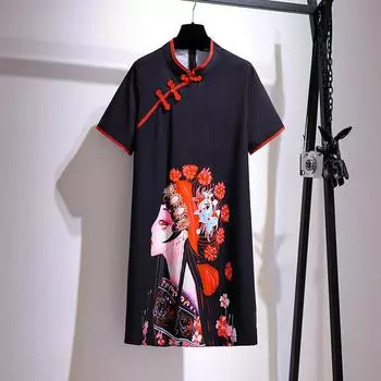 Женское платье Cheongsam большого размера, свободное платье с принтом, женская одежда больших размеров
