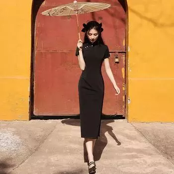 Женское платье Cheongsam, черное улучшенное длинное платье в стиле ретро для девочек 2XL чёрный