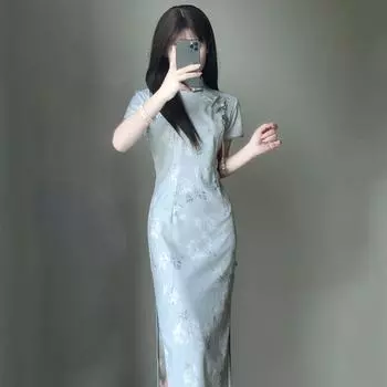 Женское платье Cheongsam цвета шампанского средней длины, весеннее и летнее повседневное платье 2XL