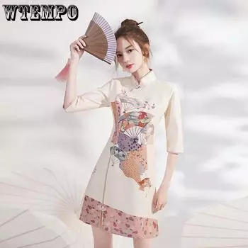 Женское платье Cheongsam на весну и осень, маленькое короткое платье Cheongsam в китайском стиле для девочек S абрикосовый