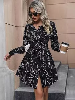 Женское платье, черные платья с ручной росписью, весна-лето 2023, сексуальные элегантные модные платья миди с длинными рукавами S чёрный