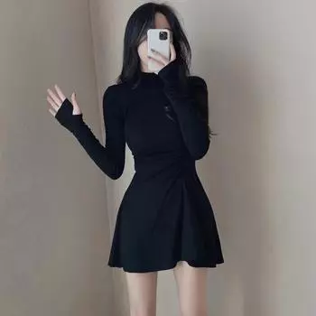 Женское платье Design Sense Folding Waist Half High Neck Long Sleeve Base Dress Slimming Short Dress S бордовый