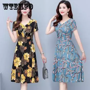 Женское платье Длинная юбка больших размеров Юбка выше колена Платье с v-образным вырезом и цветочным принтом Версия трапециевидной формы с короткими рукавами на талии и тонкое платье XXXXL