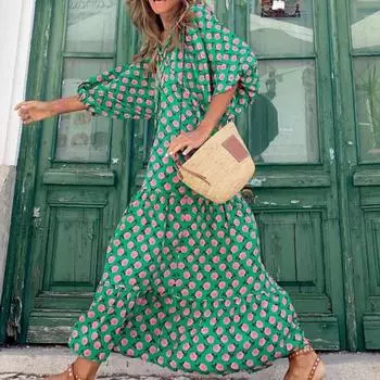 Женское платье, длинное женское платье до щиколотки, стильное повседневное платье с v-образным вырезом и цветочным принтом для отдыха L