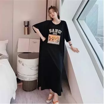 Женское платье длиной до колена, летнее свободное платье-футболка с короткими рукавами, омолаживающее прямое платье M чёрный