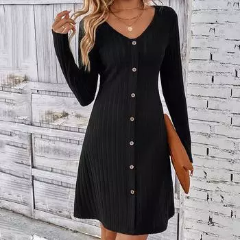 Женское платье длиной до колена с длинным рукавом и V-образным вырезом, цельное платье на весну и осень S