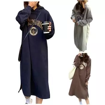 Женское платье длиной до колена с капюшоном и длинными рукавами с буквенным узором, длинная женская юбка в стиле ретро с разрезом One Size кофейный