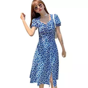 Женское платье длиной до колена, свободное синее платье с цветочным принтом XXL