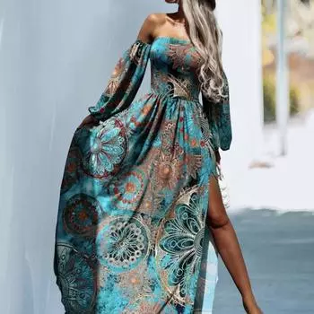 Женское платье длиной до щиколотки, невыцветающая, прикосновение к коже, уникальная сексуальная бандо без бретелек с богемным принтом, повседневная женская одежда для отпуска L синий