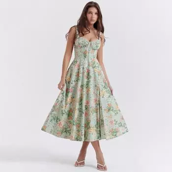 Женское платье длиной до щиколотки с открытой спиной и принтом на тонких бретельках с v-образным вырезом и высокой талией S зелёный